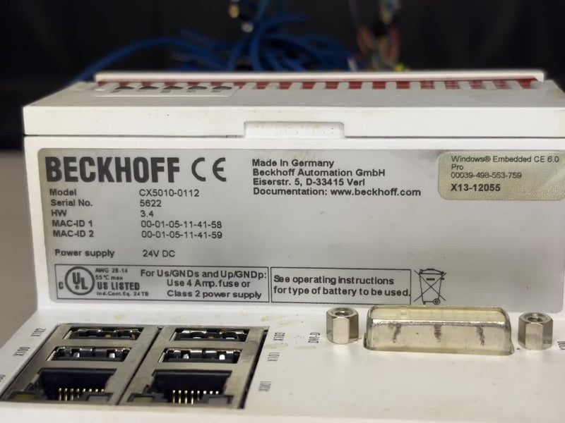 Beckhoff CX5010-0112 Embedded PC HW 3.4 S/N 5622 Windows CE 6.0 24VDC Used