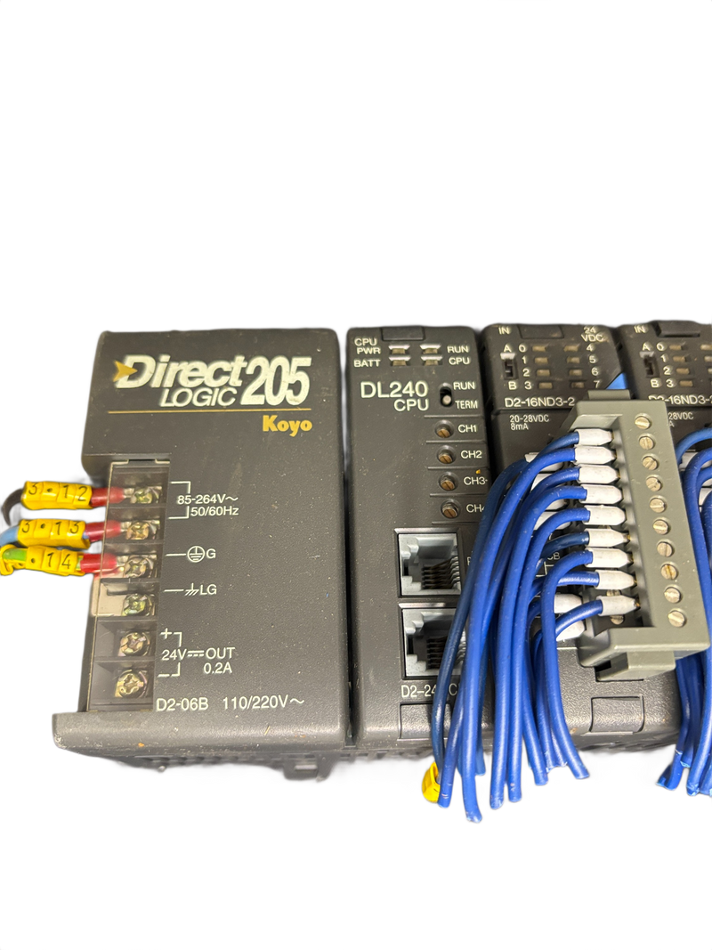 Koyo DirectLogic 205 PLC Rack D2-06B DL240 CPU 3x D2-16ND3-2 D2-08TR D2-12TR