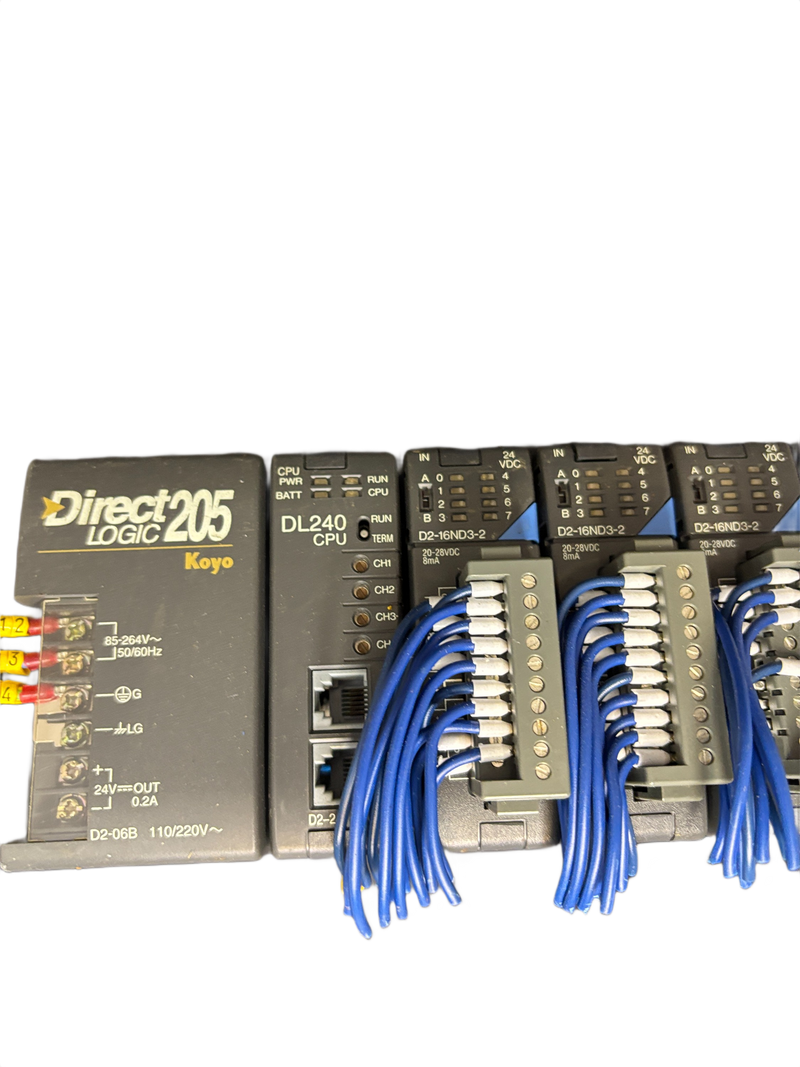 Koyo DirectLogic 205 PLC Rack D2-06B DL240 CPU 3x D2-16ND3-2 D2-08TR D2-12TR