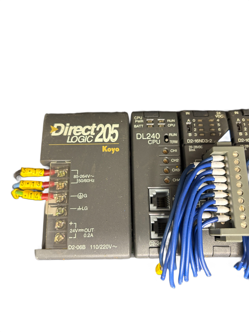 Koyo DirectLogic 205 PLC Rack D2-06B DL240 CPU 3x D2-16ND3-2 D2-08TR D2-12TR