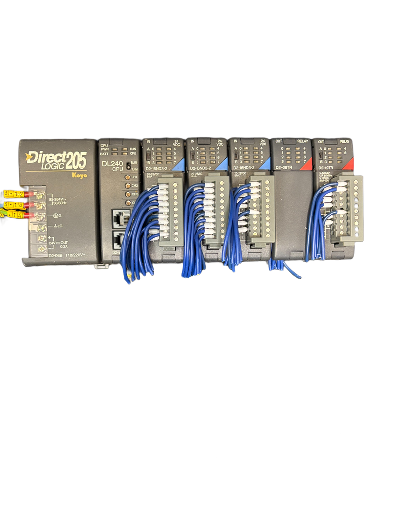 Koyo DirectLogic 205 PLC Rack D2-06B DL240 CPU 3x D2-16ND3-2 D2-08TR D2-12TR