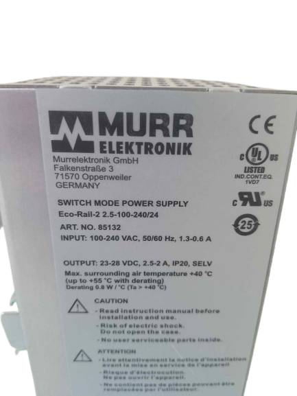 Murr Elektronik 85132 Switch Mode Power Supply, Eco-Rail-2 2.5-100-240/24, 23-28V  DC