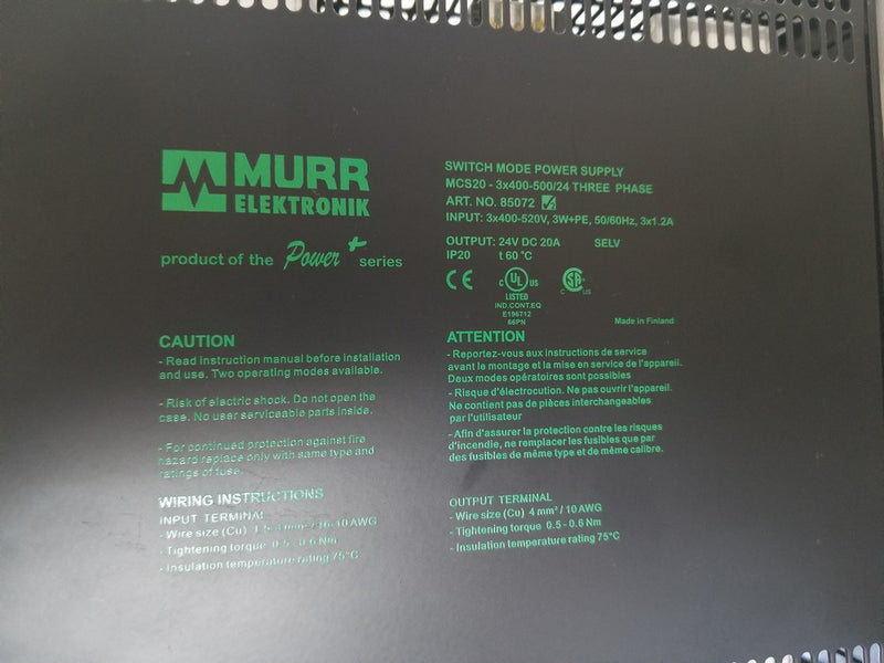 Murr Elektronik MCS20-230/24 Switch Mode Power Supply 24VDC 20A 3x400-500 Three Phase