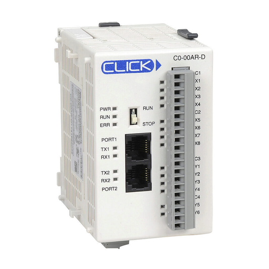CLICK Basic PLC, 24 VDC required, serial ports, Discrete Input: 8-point, AC, Discrete Output: 6-point, relay.