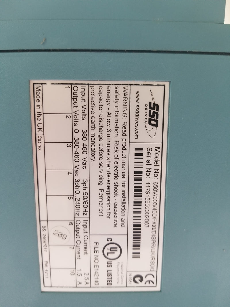 Parker AC650 Inverter Drive 650/003/400/F/00/DISPR/UK/RS0/0 0.37 KW