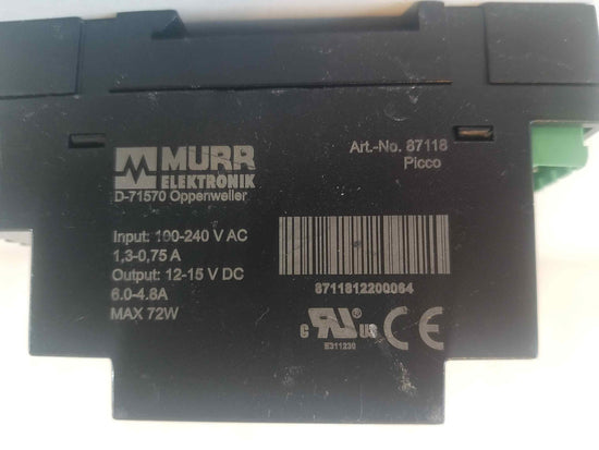 Murr Power Supply Art No 87118 Output 12-15VDC Max 72W 6A